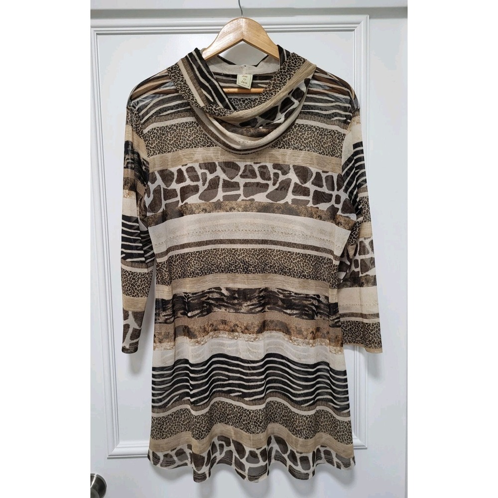 Jess And Jane Brown Multi Pattern Sheer Stretch Oversized Cowl Neck Tunic Top XL